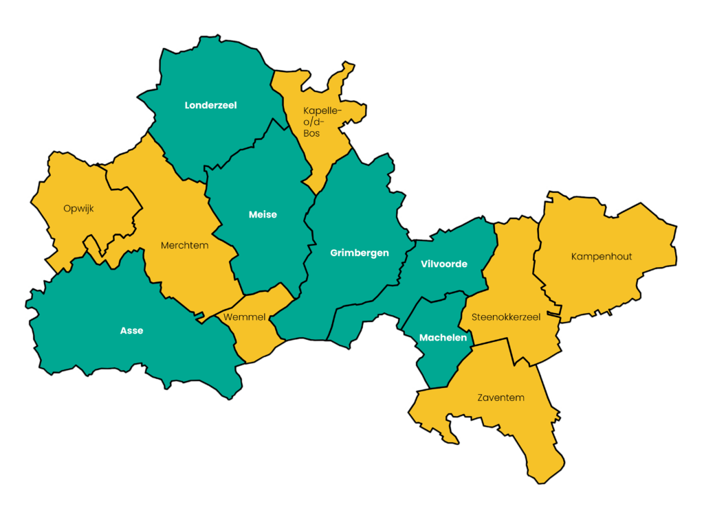Kaart met UiTPAS-gemeenten die deelnemen vanaf 2024 (Asse, Londerzeel, Meise, Machelen, Grimbergen en Vilvoorde) & gemeenten die pas intreden vanaf 2026 (Opwijk, Merchtem, Wemmel, Kapelle-op-den-Bos, Steenokkerzeel, Kampenhout en Zaventem)